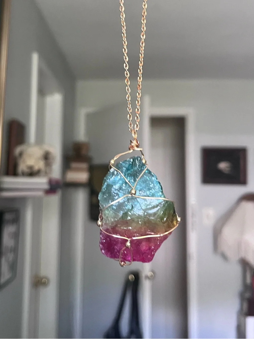 DYED QUARTZ raw cut wire wrapped natural stone pendant necklace gold chain NEW